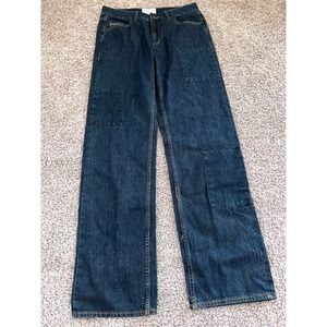Sun stone Dark Wash Wide Leg Carpenter Jeans with Pockets Utility Denim Pants 31